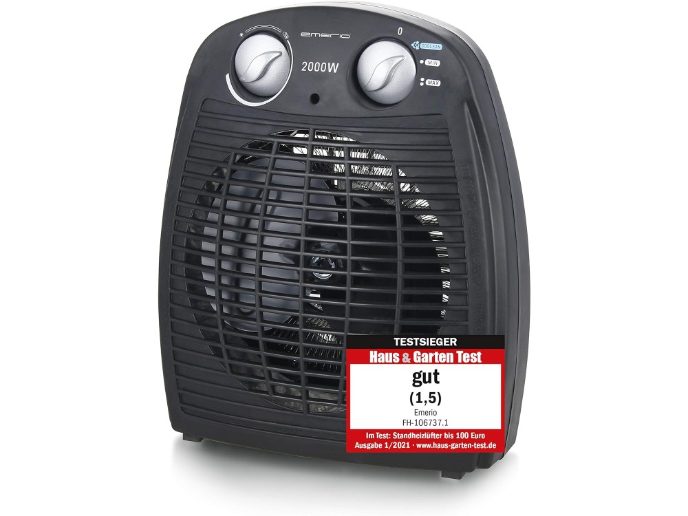 Emerio Portable Heater, Air Heater 2000W, 3 Functions, with 2 Heating Levels, Drop & Overheating Protection, Anthracite