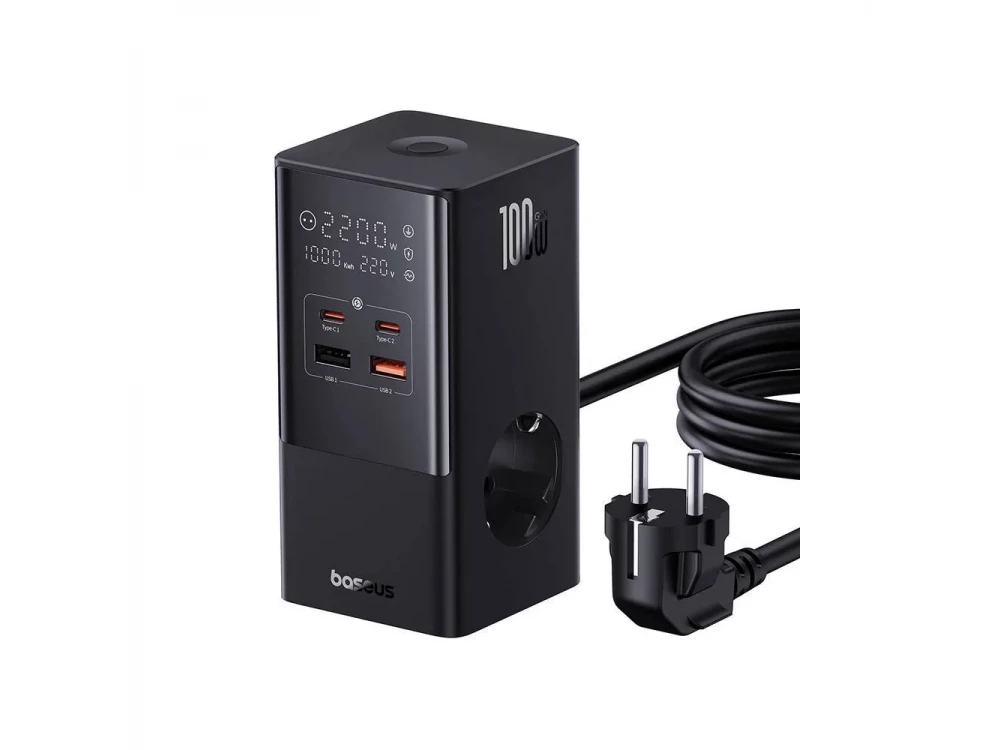 Baseus PowerCombo, Βάση Φόρτισης 100W, 2x AC, 2x USB-C, 2x USB-A με Καλώδιο 1.5m, Black