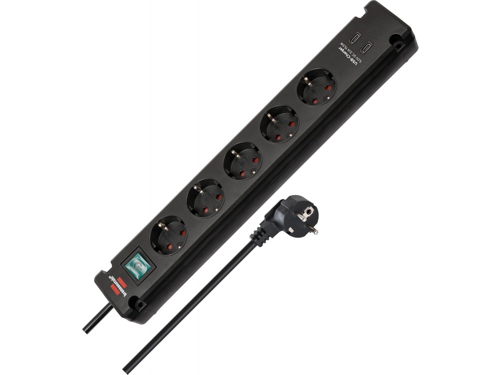 Brennenstuhl Bremounta 6-outlet Extension socket, Multi-socket with 2 ports TYPE-C Switch, Screw Capability & 3M Cable, Black