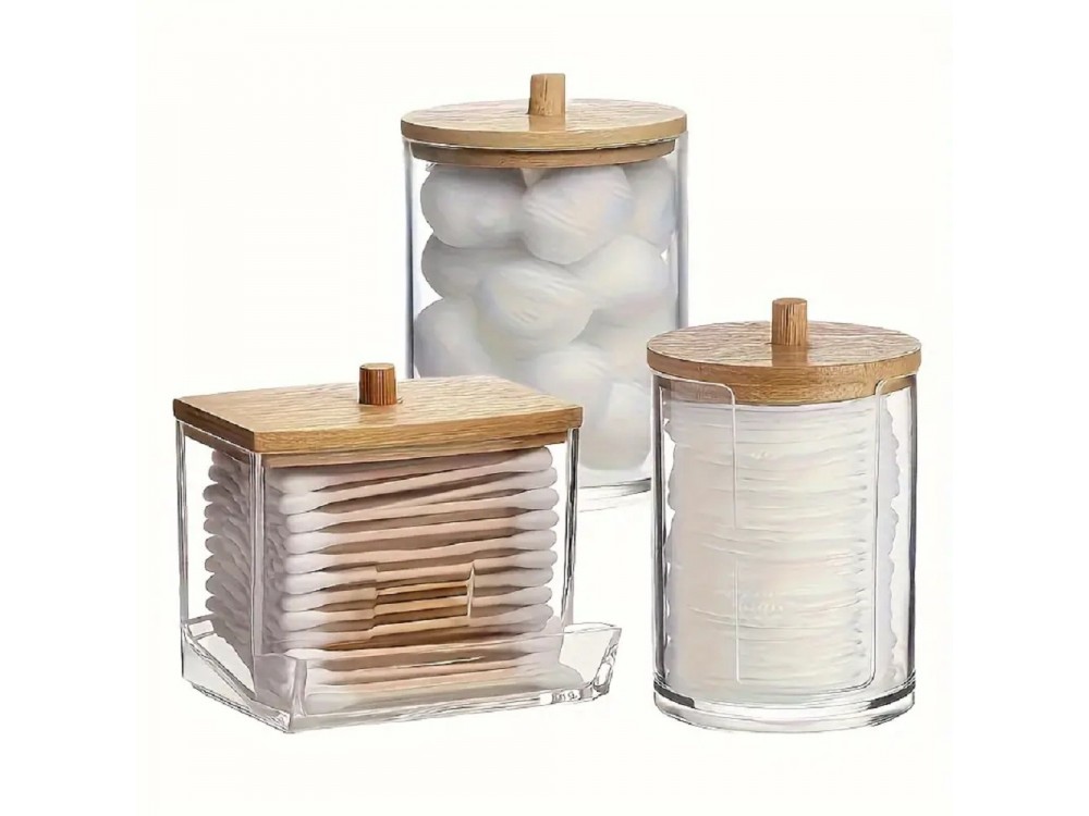 AJ Plastic Swab Dispenser with Wooden Lids, Plastic Storage Jars for Swabs, Cotton Pads & Cotton Balls, Set of 3