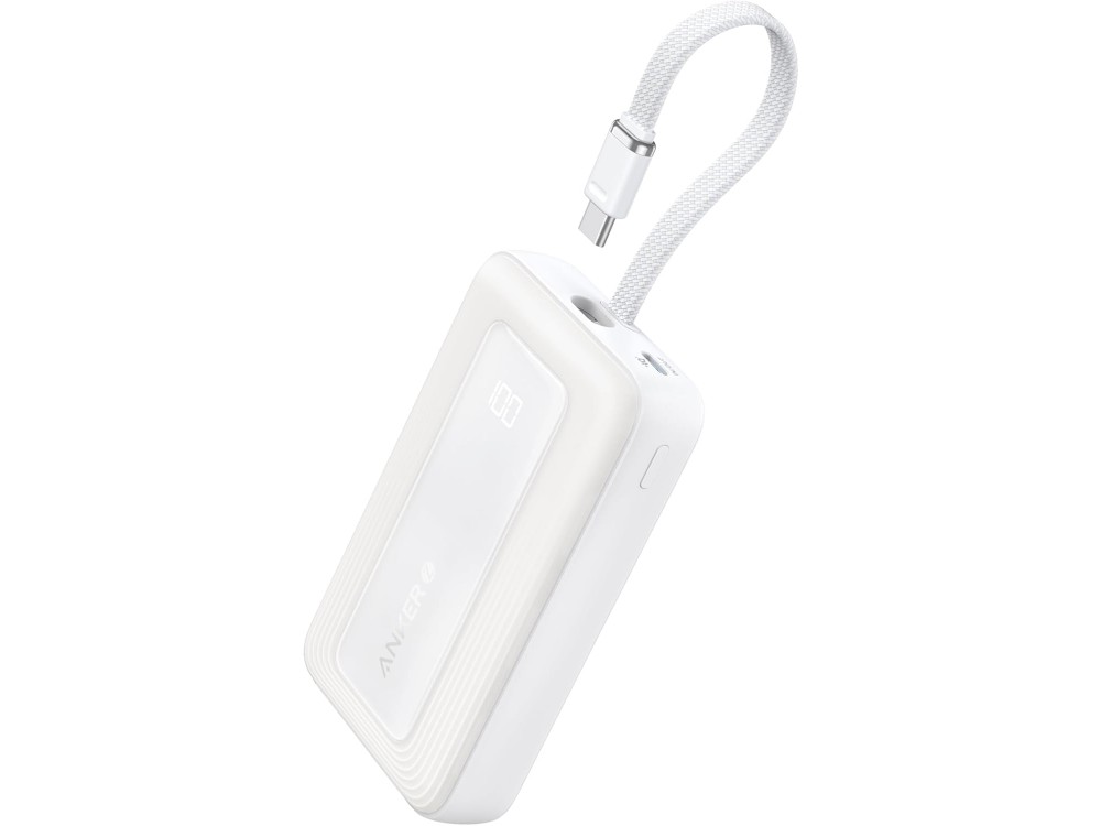 Anker Zolo Power Bank 10,000mAh, 30W, with USB-A, USB-C Ports & Built-in USB-C Cable, White