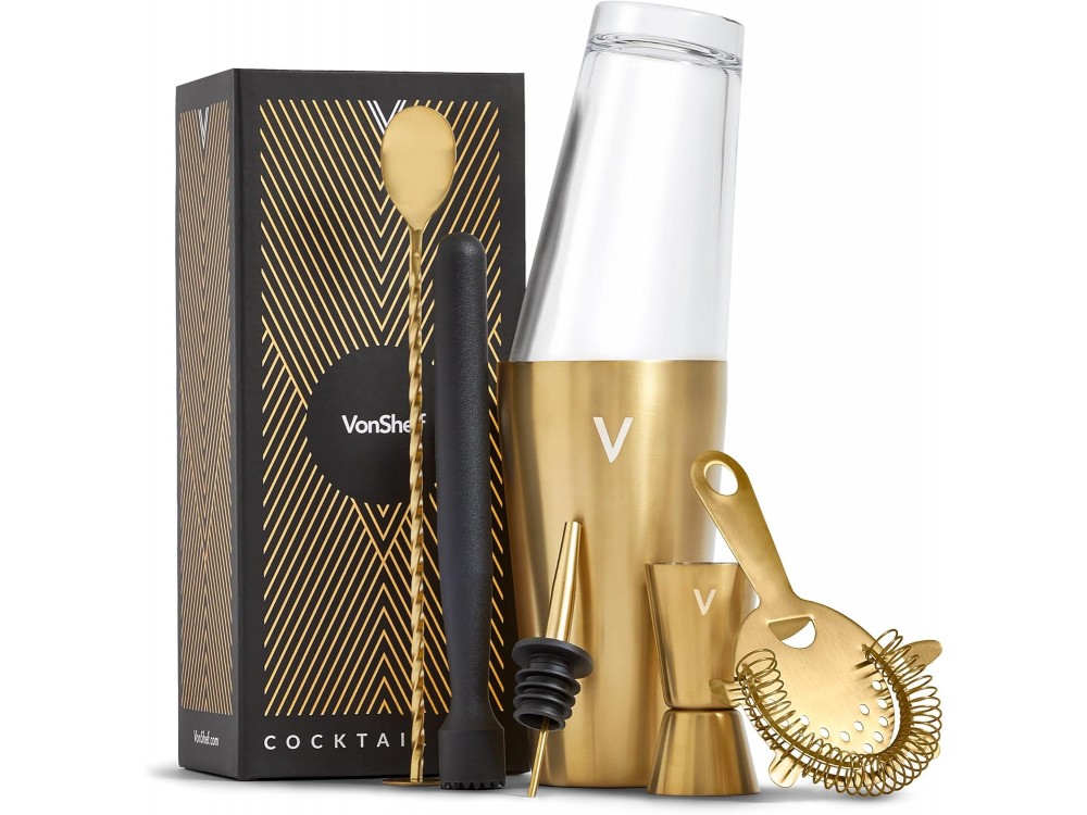 VonShef Gold Cocktail Set 6τμχ., Σετ για Κοκτέιλ από Ανοξείδωτο Ατσάλι με 550ml Shaker, Gold