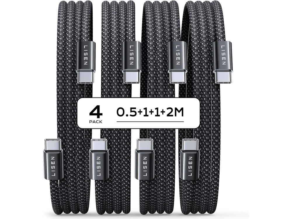 LISEN Set of 4 USB-C to USB-C Cables, 60W, PD 3.0, 0.5m+2*1m+2m Nylon Braided, Black