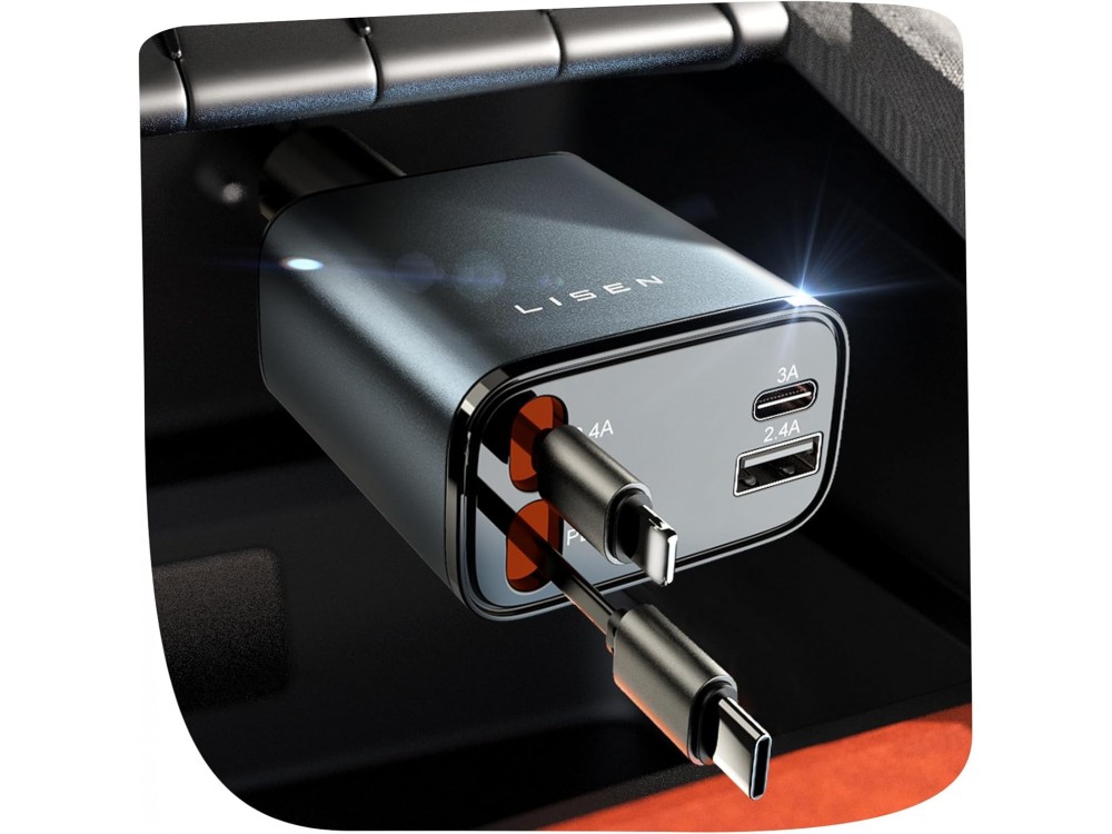 LISEN Car Charger 69W with Built-in USB-C & Lightning Cables up to 80cm & USB-C & USB-A Ports, Gray