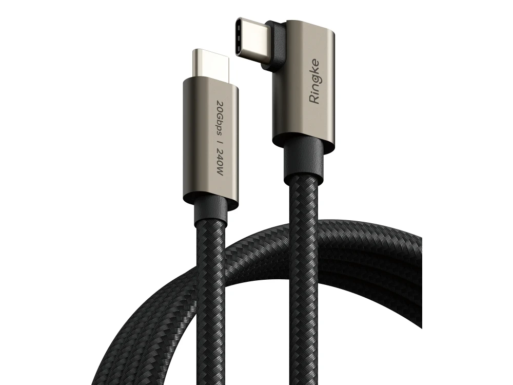 Ringke Elbow 1μ. Καλώδιο Γωνιακό 90° USB-C σε USB-C 3.2 Gen2, 20Gbps / 240W, με Νάυλον Ύφανση, Black