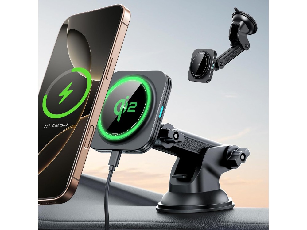 ESR HaloLock Magnetic Car Phone Mount, MagSafe Qi2 15W Wireless Magnetic Charger & Dashboard / Windshield Mount for iPhone