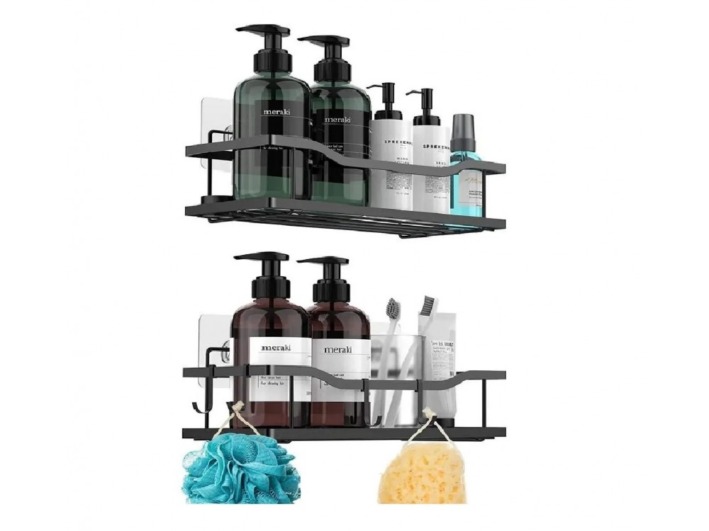 AJ 2-Pack Shower Caddy, Θήκη Οργάνωσης Ειδών Μπάνιου Επιτοίχια, Σετ των 2τμχ με 4 Hooks, Μαύρη