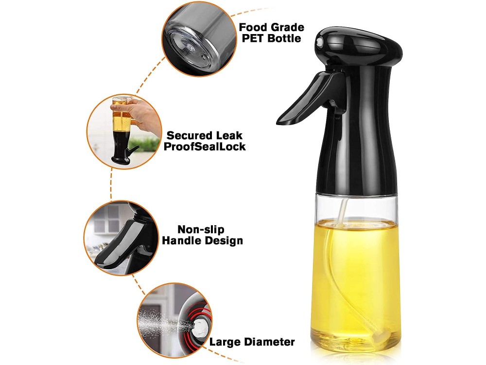 AJ Oil Sprayer for Cooking 200ml, Δοχείο Λαδιού Σπρέι, Σετ με Βούρτσα Καθαρισμού, Black