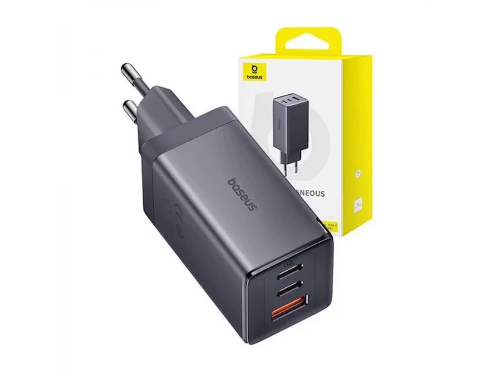 Baseus GaN5 3-Port PD Fast Charger, Φορτιστής πρίζας 3-θυρών 65W με Power Delivery, PPS, QC3.0, SCP, AFC & Καλώδιο Type-C, Black