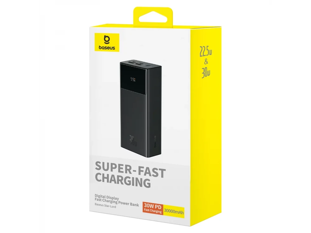 Baseus Star-Lord Power Bank 30000mAh 30W, With Digital Display, 2xUSB-A & 1xUSB-C Charging PD, FCP, AFC & Type-C Cable, Black