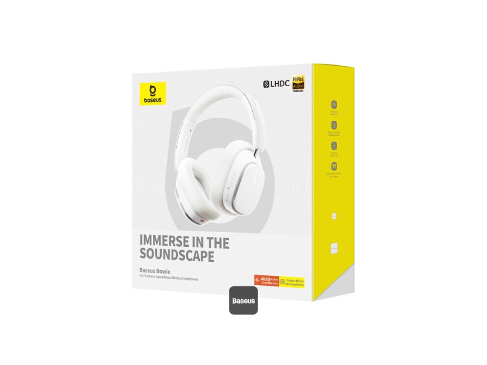 Baseus Bowie H1 Pro ANC Bluetooth 5.3 Headphones, Spatial Acoustics, Hi-Res Audio & LHDC Certified, 80H Playtime, Moon White