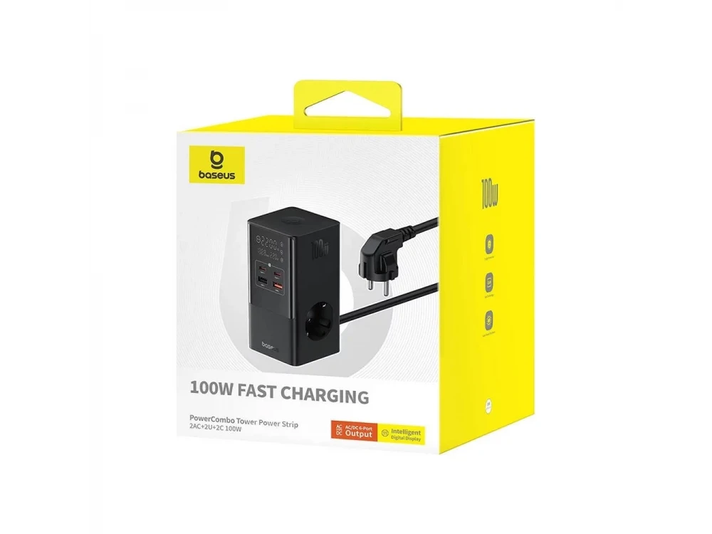 Baseus PowerCombo, Βάση Φόρτισης 100W, 2x AC, 2x USB-C, 2x USB-A με Καλώδιο 1.5m, Black