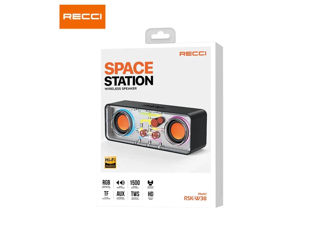 Recci RSK-W38 Space Station, Wireless Speaker Bluetooth 5.3, 10W, with RGB Lighting, Black - OPEN PACKAGE