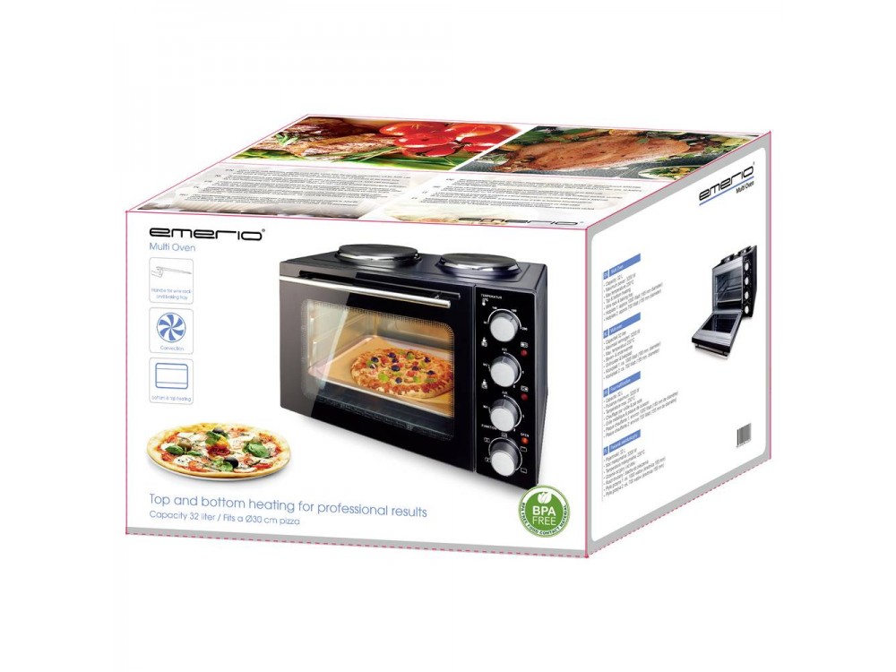 Emerio Mini Oven, Φουρνάκι 32L με 2 Εστίες, Λειτουργία Αέρα, Built-In Light, Διπλή Θερμομονωτική Πόρτα, Black