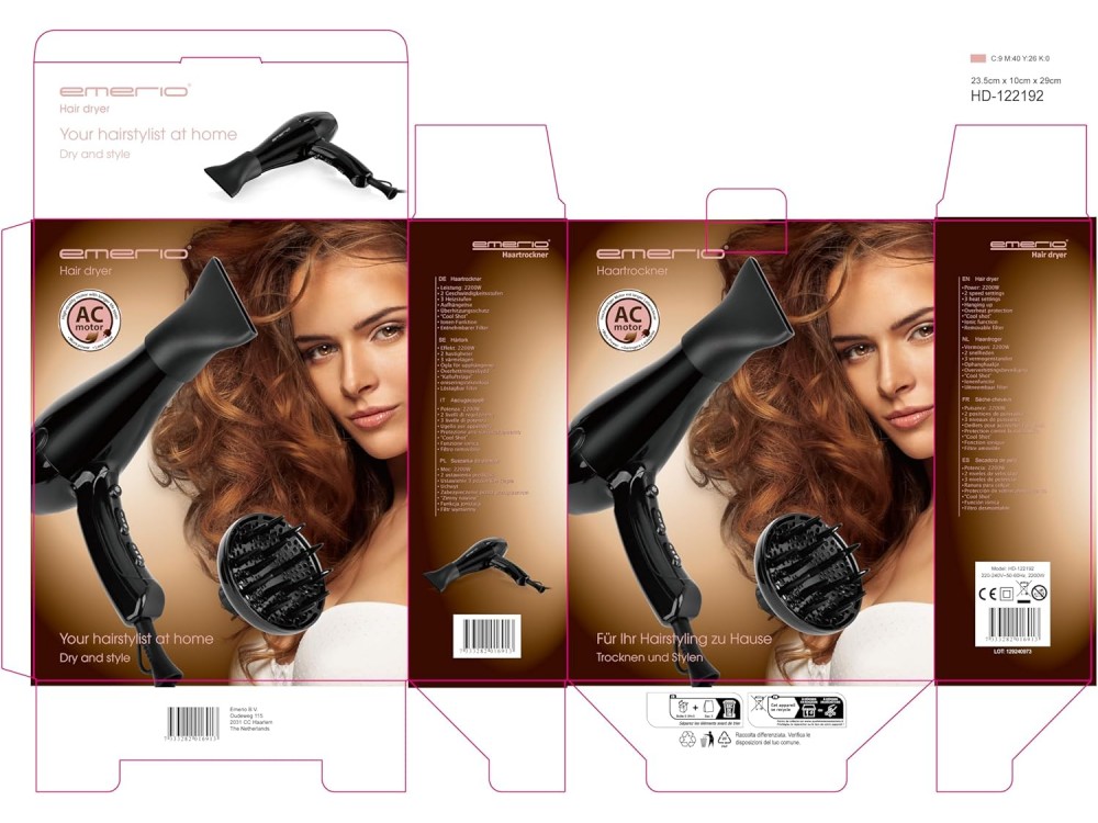 Emerio Hair Dryer, Hair Dryer 2200W, 3 Temperatures, Cool Shot, Ionic Function, 2 Speeds with Concentrator & Diffuser