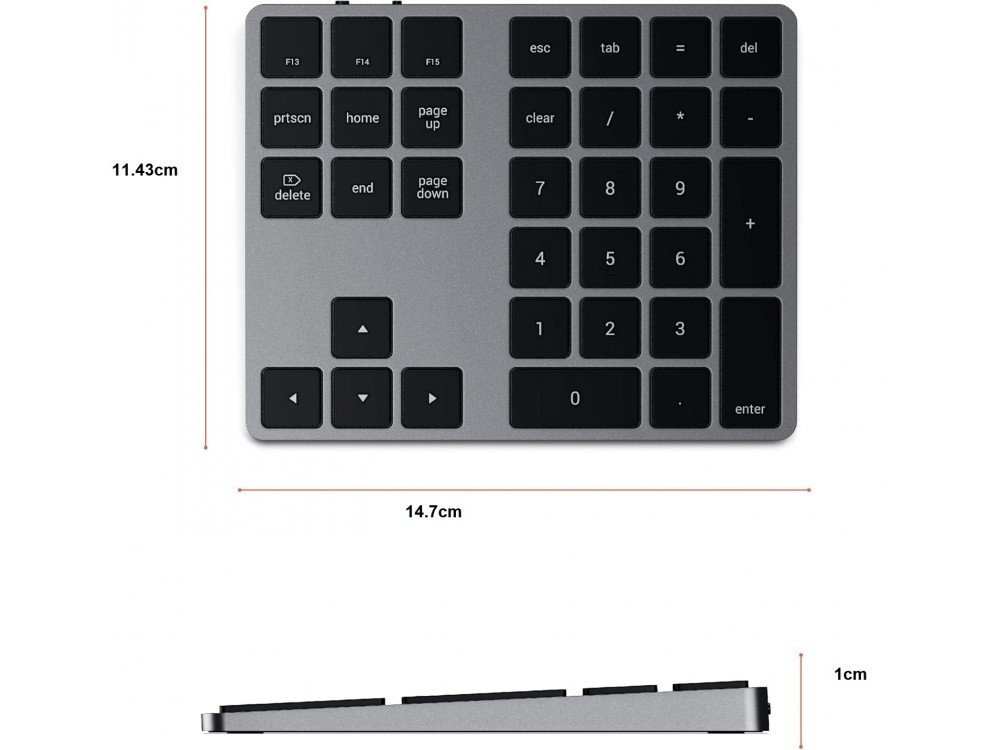 Satechi Extended Slim Numeric Keypad, Επαναφορτιζόμενο Αριθμητικό Bluetooth Πληκτρολόγιο 34 Πλήκτρων για Συσκευές Apple – Gray