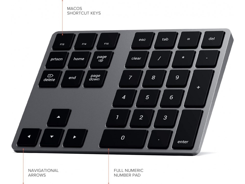 Satechi Extended Slim Numeric Keypad, Επαναφορτιζόμενο Αριθμητικό Bluetooth Πληκτρολόγιο 34 Πλήκτρων για Συσκευές Apple – Gray