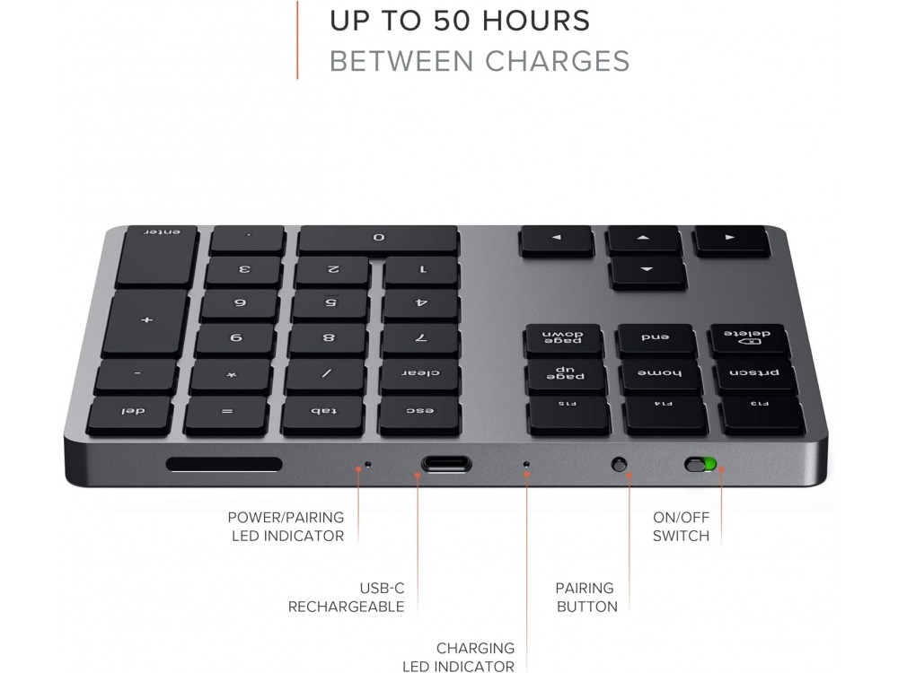 Satechi Extended Slim Numeric Keypad, Επαναφορτιζόμενο Αριθμητικό Bluetooth Πληκτρολόγιο 34 Πλήκτρων για Συσκευές Apple – Gray