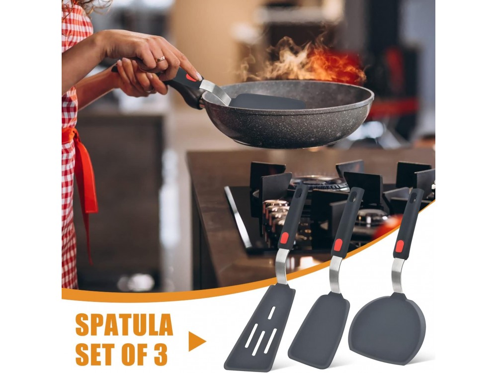 AJ Silicone Spatula Turner, Σπάτουλες Μαγειρικής Αντικολλητικές με Αντοχή σε έως 315 °C, Σετ των 3τμχ