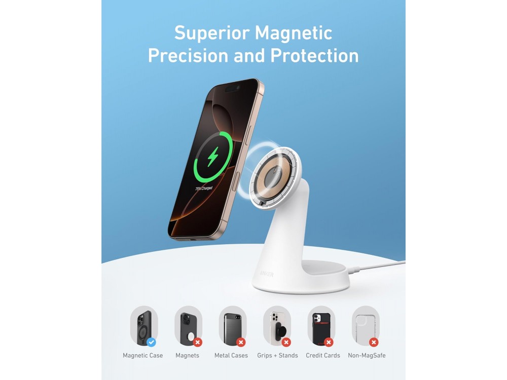 Anker MagGo 2-in-1 Qi2 MagSafe 15W, Wireless Magnetic Charger iPhone 16/15/14, AirPods with USB-C Cable, White