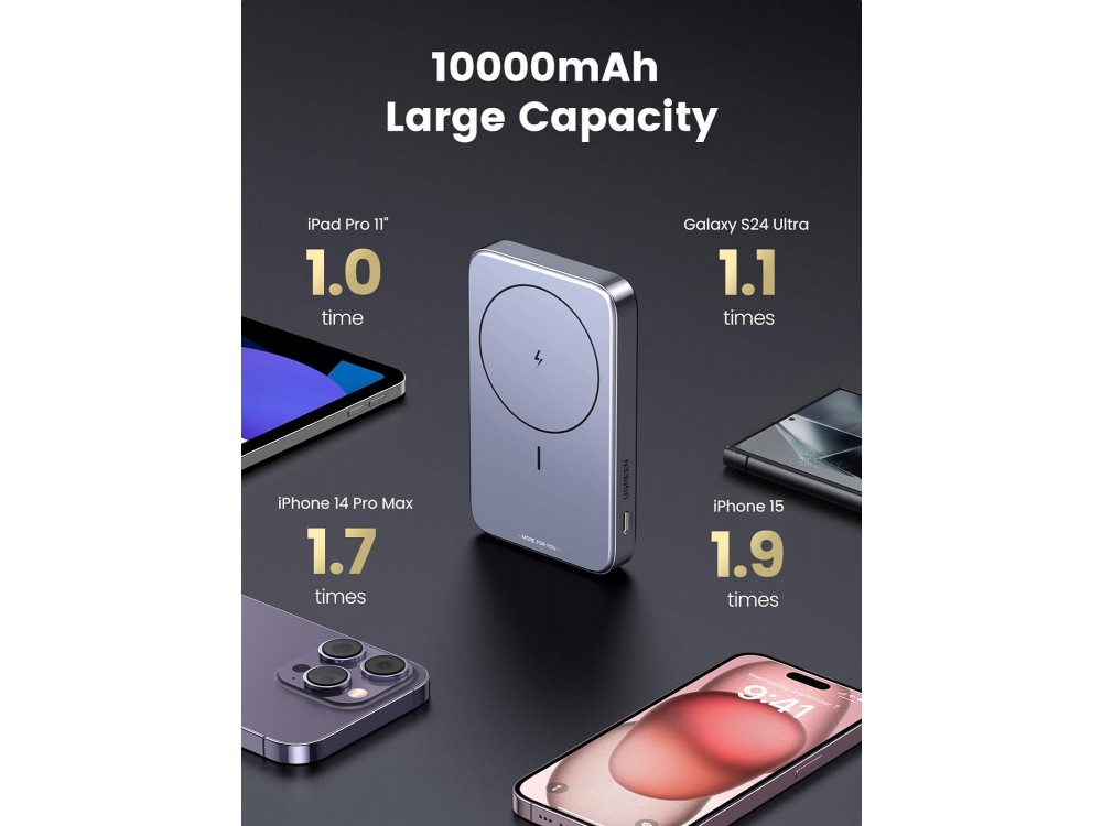 Ugreen 10K, Magnetic Power Bank 10.000mAh MagSafe for iPhone 14 / 15 Series, Space Gray