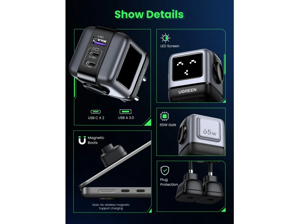 Ugreen UNO 3-Port PD Fast Charger, Φορτιστής πρίζας 3-θυρών 65W GaN Power Delivery, PPS, Quick Charge 4.0, FCP, AFC, LED Display