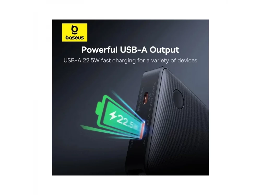 Baseus Airpow Lite, Power Bank 10k mAh, 22.5W with Built-in Cables USB-C, USB-A & USB-C & USB-A Ports, Black