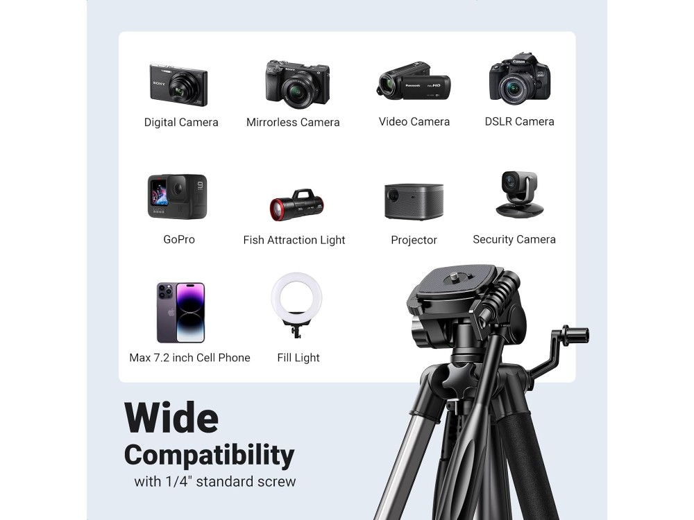 Ugreen Camera Tripod, 175cm, for DSLR / Smartphone / Action Cam, 360° 3D Head, 5kg load, Aviation-grade Aluminum Made