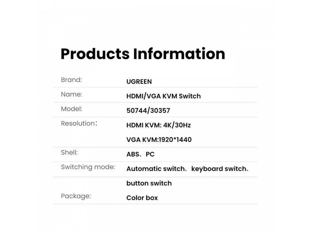 Ugreen KVM Switch, 2 in - 1 for, 4 devices, USB (Mouse, Keyboard, Scanner) & 1 HDMI (Monitor, Projector) to 2 PC