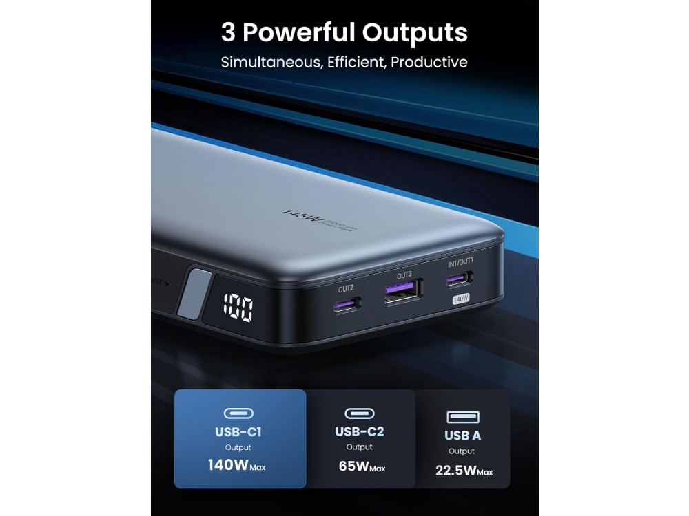 Ugreen PB205 Power Bank 25000mAh, 145W με Θύρα USB-A και 2 Θύρες USB-C Power Delivery / Quick Charge 3.0, Γκρι