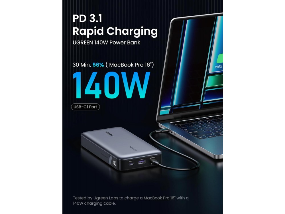 Ugreen PB205 Power Bank 25000mAh, 145W με Θύρα USB-A και 2 Θύρες USB-C Power Delivery / Quick Charge 3.0, Γκρι