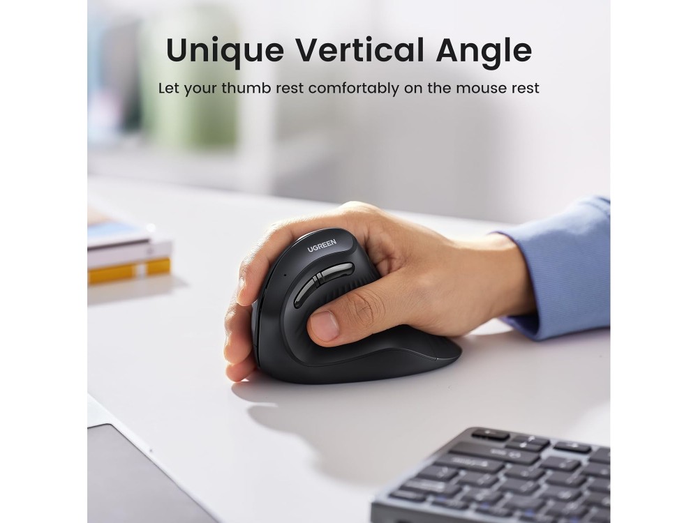 Ugreen Wireless Vertical Ergonomic Mouse, 1000 / 1600 / 2000DPI / 4000, 5 Πλήκτρων, Dual Mode (Bluetooth & 2.4G), Μαύρο