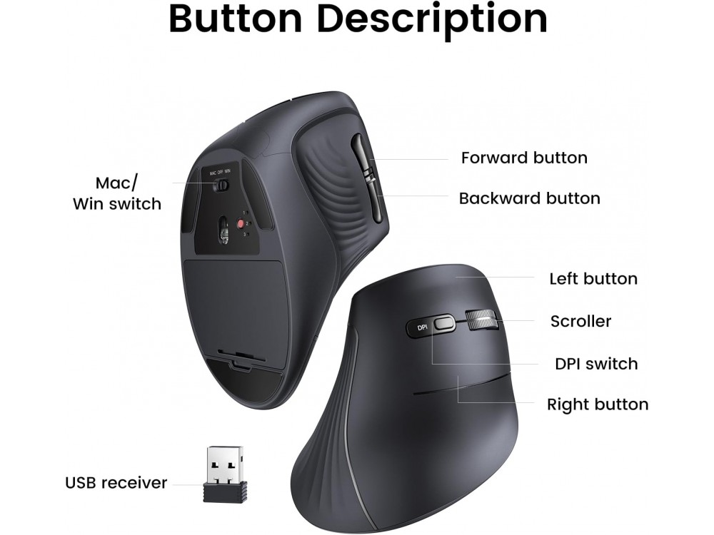 Ugreen Wireless Vertical Ergonomic Mouse, 1000 / 1600 / 2000DPI / 4000, 5 Πλήκτρων, Dual Mode (Bluetooth & 2.4G), Μαύρο