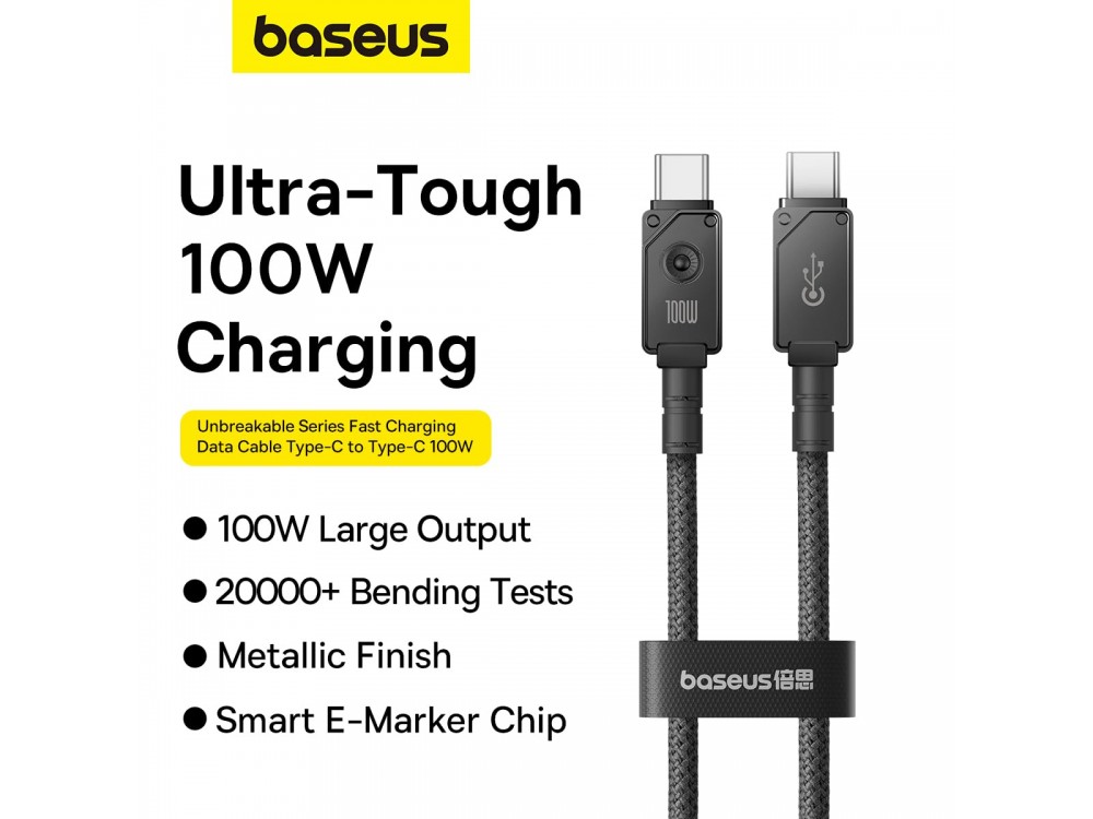 Baseus Unbreakable Series USB-C to USB-C Cable 1m. with Fiber weave, Support PD3.0/QC4.0/FCP & 5A / 100W, Black