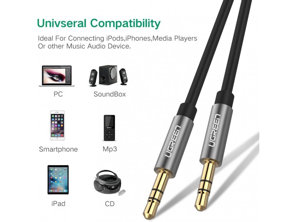 Ugreen Audio AUX Cable, 5m. Gold plated with Nylon Weave 3.5mm, Black