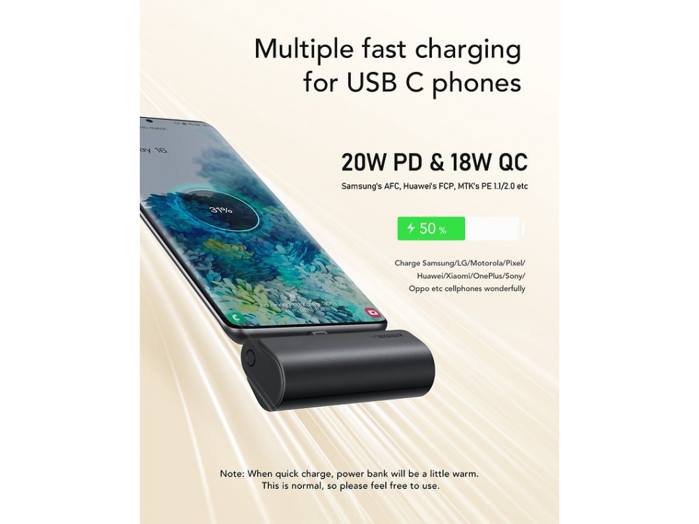 Veger V0556 5000 PD 22.5W USB-C Mini Power Bank 5.000mAh Power Delivery & QC3.0, Μαύρο