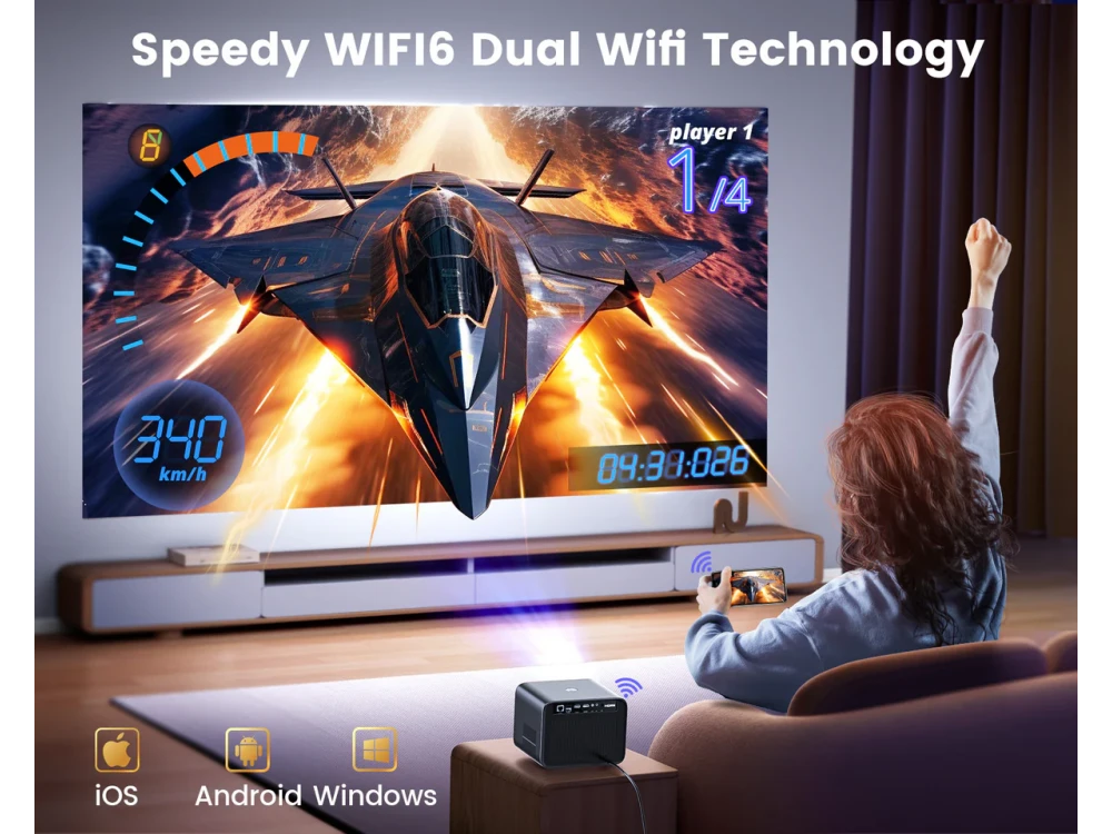 WiMiUS K9 Smart Projector 1080p/60Hz, 700 ANSI Lumens, Bluetooth, WiFi 6 5G/2.4G, Official Netflix, Dolby Audio & Voice Control