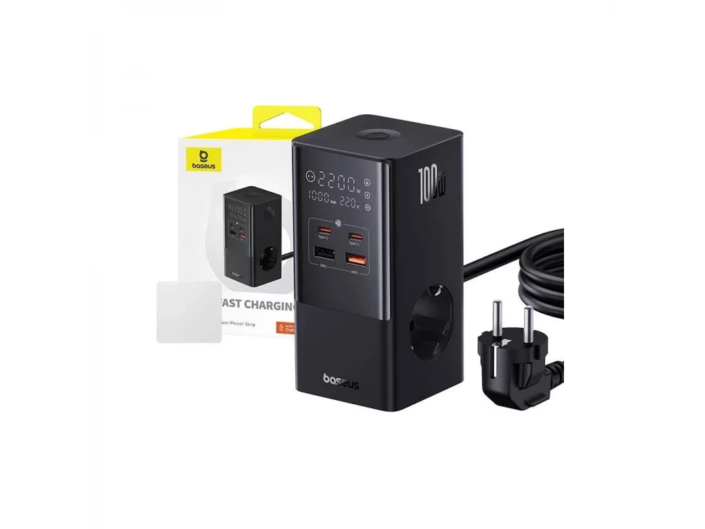 Baseus PowerCombo, Βάση Φόρτισης 100W, 2x AC, 2x USB-C, 2x USB-A με Καλώδιο 1.5m, Black