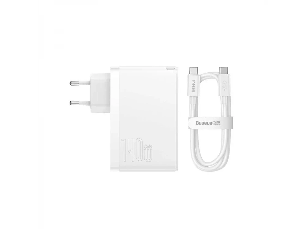 Baseus GaN5 Pro Socket Charger 140W, PD, PPS, QC4+ with 1xUSB-A, 2xUSB-C Ports & USB-C to USB-C Cable, White