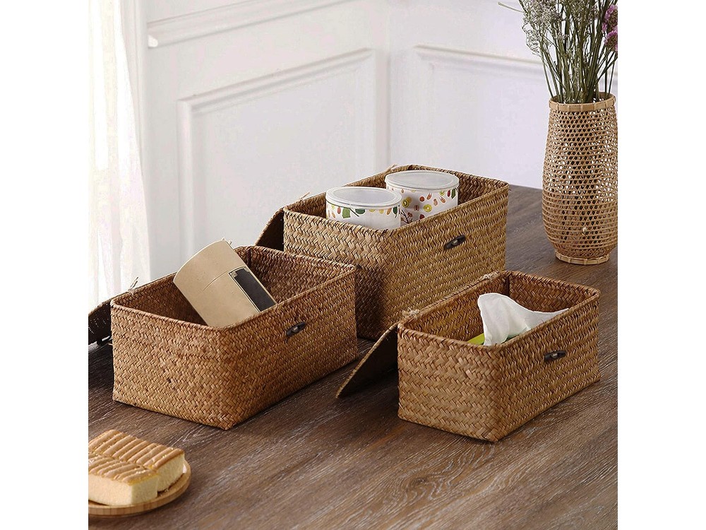 AJ 3-Pack Seagrass Storage Baskets with Lid, Καλάθια Αποθήκευσης Ψάθινα Ορθογώνια με Καπάκι, Σετ των 3τμχ (S+M+L), Brown