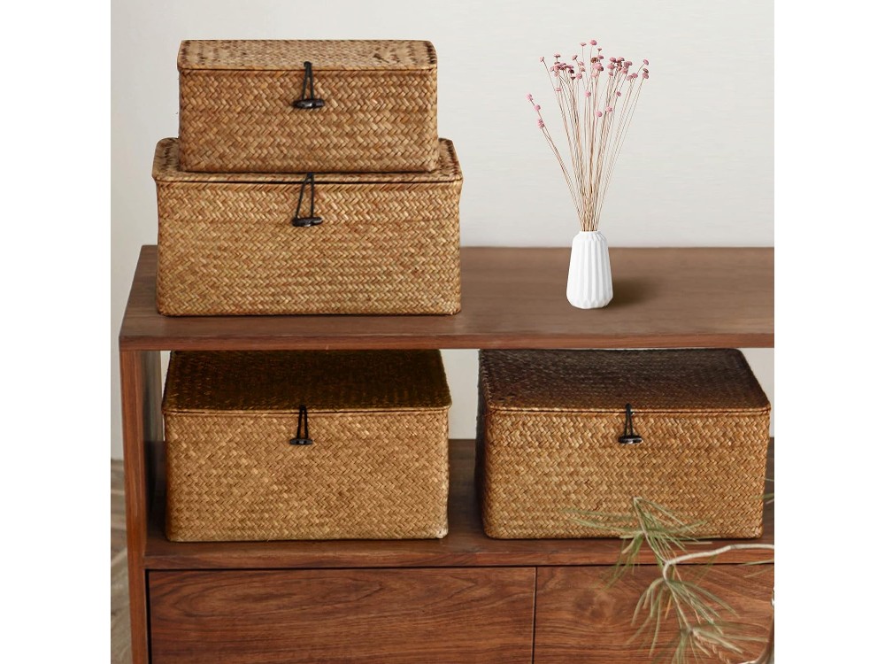 AJ 3-Pack Seagrass Storage Baskets with Lid, Καλάθια Αποθήκευσης Ψάθινα Ορθογώνια με Καπάκι, Σετ των 3τμχ (S+M+L), Brown