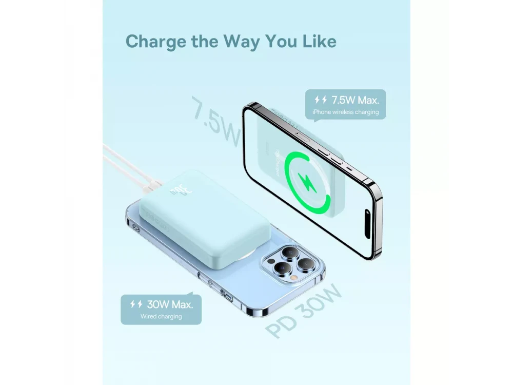 Baseus Mini Magnetic Power Bank 10000mAh 30W με MagSafe, Θύρα USB-C Power Delivery & Ασύρματη Φόρτιση, Sky Blue