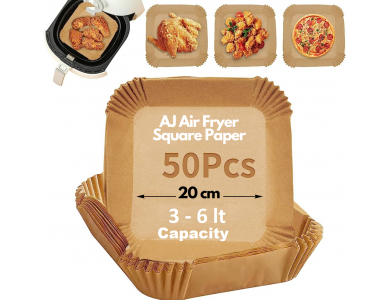 AJ Air Fryer Disposable Paper Liner Square, Αντικολλητικά χαρτιά ψησίματος για Air Fryer 20cm Τετράγωνα, Σετ των 50τμχ