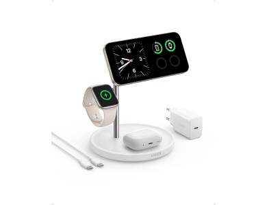 Anker MagGo 3-in-1 Qi2 MagSafe Wireless Charger for iPhone 14 / 15, AirPods & Apple Watch, Set with Wall Charger, White