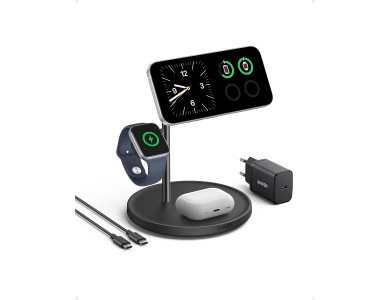 Anker MagGo 3-in-1 Qi2 MagSafe Wireless Magnetic Charger for iPhone 14 / 15, AirPods & Apple Watch with Wall Charger, Black