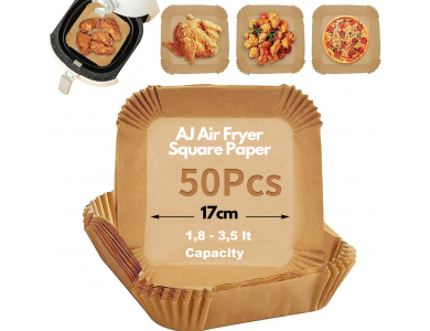 AJ Air Fryer Disposable Paper Liner Square, Αντικολλητικά χαρτιά ψησίματος για Air Fryer 17cm Τετράγωνα, Σετ των 50τμχ