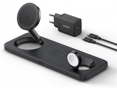 Anker MagGo Foldable 3-in-1 Qi2 Ασύρματος Μαγνητικός Φορτιστής iPhone 14 / 15, AirPods & Apple Watch με Φορτιστή Πρίζας, Black