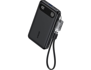 Anker Power Bank 10k mAh, 22.5W, PowerIQ, PD, με Ενσωματωμένο Καλώδιο USB-C σε USB-C, 2x USB-C & 1x USB-A Ports, Black