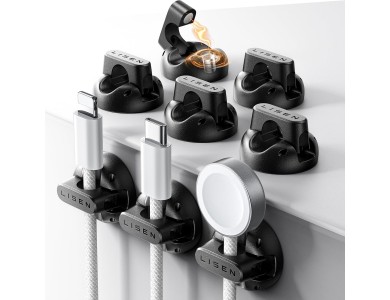 Lisen Magnetic Cable Organizer Clip Οργάνωσης Καλωδίων Σετ των 8, με αυτοκόλλητο, Black