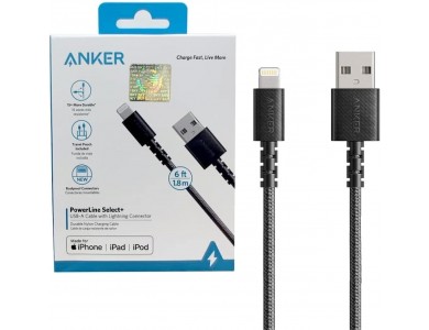 Anker PowerLine Select+ 1.8m. USB-A to Lightning cable for Apple iPhone / iPad / iPod MFi, with Nylon Weave, Black